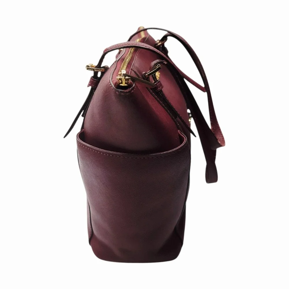 Michael Kors Burgundy Saffiano Leather Tote Shoulder Bag Gold Hardware MK Charm